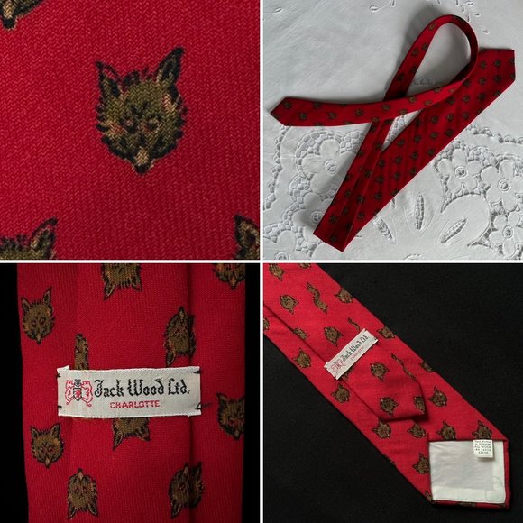 Vintage Jack Wood Ltd. Charlotte Neck Tie Wolf Print Red Wool Blocked in England - Picture 1 of 11